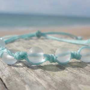Aqua and White Sea Glass Woven Bracelet--Adjustable Waterproof Bracelet or Anklet --Aqua Thread with White Sea Glass Beads--Surfer Bracelet
