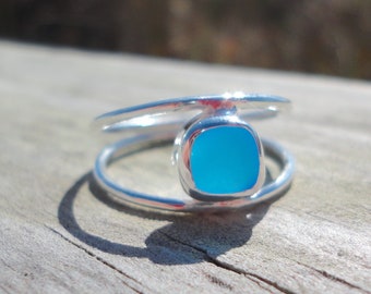 Cobalt Blue Sea Glass Ring, Unique Beach Glass Ring, Double Wire Sterling Silver Ring, Sea Glass Jewelry, Seaglass Ring, Sea Glass Gifts