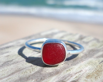 Red Sea Glass Ring, Thin Sterling Silver Minimalist Beach Ring, Sea Glass Jewelry, Mermaid Ocean Ring, Beach Jewelry, Beach Birthday Gift