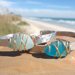 Wire Wrapped Sea Glass Cuff Bracelet Gold Wire Wrapped and Silver Hammered Cuff Bracelet with Beach Glass Teacher Gift Beach Wedding