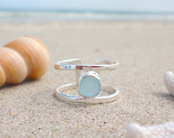 Unique Sea Glass Ring, Double Wire Sterling Silver Cuff Ring, Sea Glass Jewelry Gift, Beach Ring, Seaglass Ring, Beach Glass Ring, Wide Band