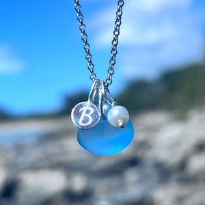 Tiny Initial Sea Glass Necklace, Petite Sterling Silver Initial Charm Necklace, Sea Glass Jewelry, Soul Sister Gift, Bridesmaid Necklace image 1