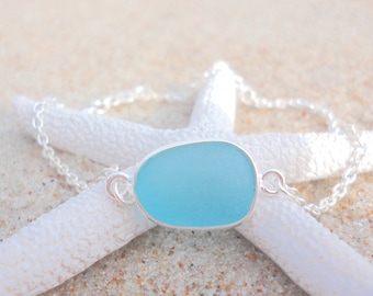 Ocean Blue Sea Glass Bracelet--Adjustable Sterling Silver Beach Glass Bracelet--Sea Glass Jewelry for Women