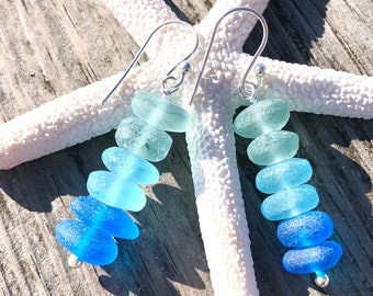 Unique Ombre Sea Glass Stacked Earrings--Shades of Blue Sea Glass Earrings--Ocean Jewelry--Beach Glass Earrings