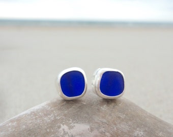 Sapphire Blue Sea Glass Stud Earrings September Birthstone Jewelry Sterling Silver Bezel Beach Glass Earrings Mermaid Ocean Earrings Gift
