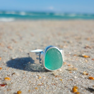 Teal Hammered Sea Glass Ring, Wide Band Sterling Silver Ring, Sea Glass Jewelry, Ocean Ring, Beach Jewelry, Seaglass Ring, Sea Glass Gifts