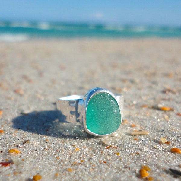 Teal Hammered Sea Glass Ring, Wide Band Sterling Silver Ring, Sea Glass Jewelry, Ocean Ring, Beach Jewelry, Seaglass Ring, Sea Glass Gifts