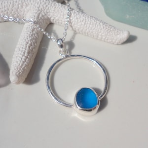 Sea Glass Circle Necklace Cobalt Blue Sea Glass on Sterling Silver Ring Pendant Sea Glass Jewelry Gift for Women Beach Glass Birthday Gift