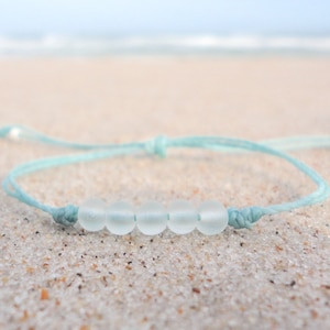 Sea Glass White Bead Bracelet--Adjustable Waterproof, Wax Coated Bangle--Teal Thread--Handmade Anklets with White Beads