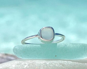 White Sea Glass Ring Thin Sterling Silver Minimalist Beach Ring Sea Glass Jewelry Mermaid Ocean Ring Beach Jewelry Beach Birthday Gift