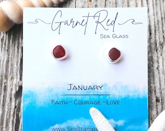 January Birthstone Earrings January Birthday Jewelry Garnet Red Sea Glass Stud Earrings Sterling Silver Beach Glass Earrings Ocean Earrings