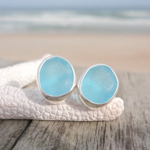 Blue Sea Glass Stud Earrings March Birthstone Jewelry Sterling Silver Bezel Beach Glass Earrings Ocean Earrings Gift for Women Teacher Gift