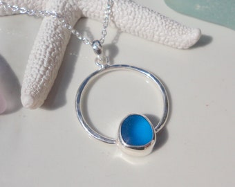 Sea Glass Circle Necklace Cobalt Blue Sea Glass on Sterling Silver Ring Pendant Sea Glass Jewelry Gift for Women Beach Glass Birthday Gift