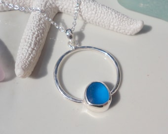 Seeglas Kreis Halskette Kobalt Blau Seeglas auf Sterling Silber Ring Anhänger Seeglas Schmuck Geschenk für Frauen Strand Glas Geburtstag Geschenk