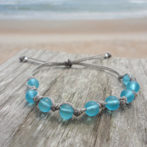 Light Blue Sea Glass Woven Bracelet--Adjustable Waterproof Bracelet or Anklet --Gray Thread with Light Blue Sea Glass Beads-Surfer Bracelet