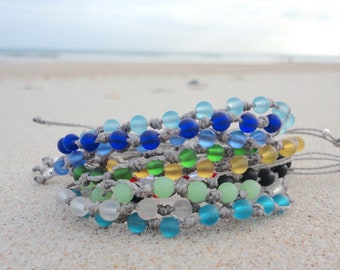 Pulseira com Pedra de Nascimento, Pulseira de Vidro Marinho, Pulseira de Praia Tecida com Vidro Marinho, Joias com Pedra de Nascimento, Presente Personalizado para Mães, Presente de Aniversário para Ela