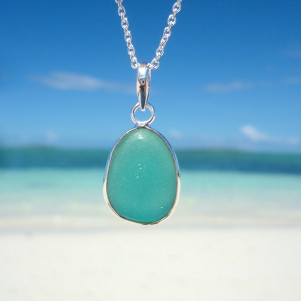 Teal Sea Glass Necklace, Sterling Silver Wire Wrapped Beach Glass Necklace, Ocean Mermaid Necklace, Sea Glass Gift, Sea Glass Jewelry