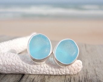 Sky Blue Sea Glass Stud Earrings-Sterling Silver Bezel Beach Glass Earrings-Mermaid Earrings for Women-Ocean Earrings-Gift for Beach Lovers