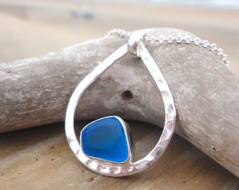 Cobalt Blue Bezeled Sea Glass Teardrop Necklace-Sterling Silver Teardrop Pendant with Bezeled Beach Glass-Ocean Necklace for Mermaids