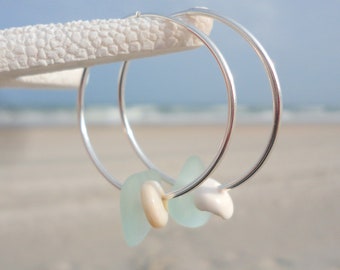 Lightweight Endless Hoop Sterling Silver Earrings Sea Glass Puka Shell Hoop Earrings Beach Jewelry Gift Idea for Beach Lover Gift for Girls