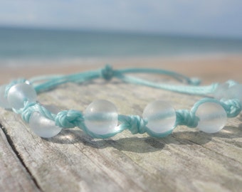 Aqua and White Sea Glass Woven Bracelet--Adjustable Waterproof Bracelet or Anklet --Aqua Thread with White Sea Glass Beads--Surfer Bracelet