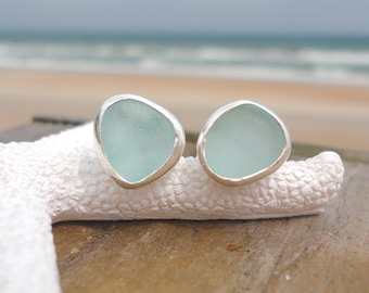 Sea Foam Sea Glass Stud Earrings, Bezel Stud Beach Glass Earrings, Mermaid Earrings, Ocean Earrings, Sea Glass Gifts, Sea Glass Jewelry Gift