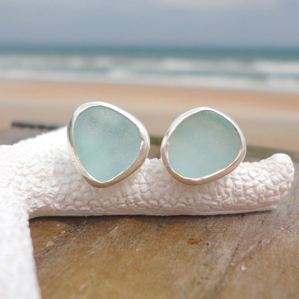 Sea Foam Sea Glass Stud Earrings, Bezel Stud Beach Glass Earrings, Mermaid Earrings, Ocean Earrings, Sea Glass Gifts, Sea Glass Jewelry Gift