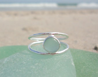 Sea Foam Sea Glass Ring, Unique Beach Glass Ring, Double Wire Sterling Silver Ring, Sea Glass Jewelry, Seaglass Ring, Sea Glass Gifts