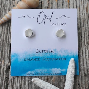 October Birthstone Earrings, October Birthday Jewelry, Sea Glass Stud Earrings, Sterling Silver Beach Glass Earrings, Opal Birthday Earrings