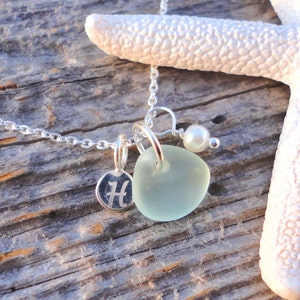 Tiny Initial Sea Glass Necklace, Petite Sterling Silver Initial Charm Necklace, Sea Glass Jewelry, Soul Sister Gift, Bridesmaid Necklace Aqua
