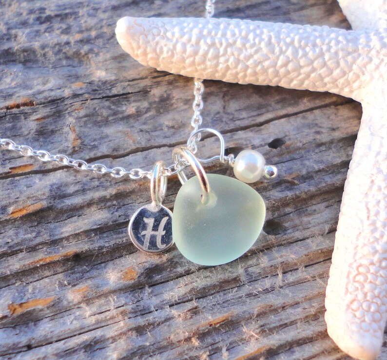 Tiny Initial Sea Glass Necklace, Petite Sterling Silver Initial Charm Necklace, Sea Glass Jewelry, Soul Sister Gift, Bridesmaid Necklace Aqua