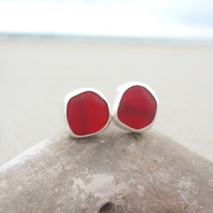 Ruby Red Sea Glass Stud Earrings July Birthstone Jewelry Sterling Silver Bezel Beach Glass Earrings Mermaid Ocean Earrings Birthday Gift