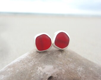 Ruby Red Sea Glass Stud Earrings July Birthstone Jewelry Sterling Silver Bezel Beach Glass Earrings Mermaid Ocean Earrings Birthday Gift