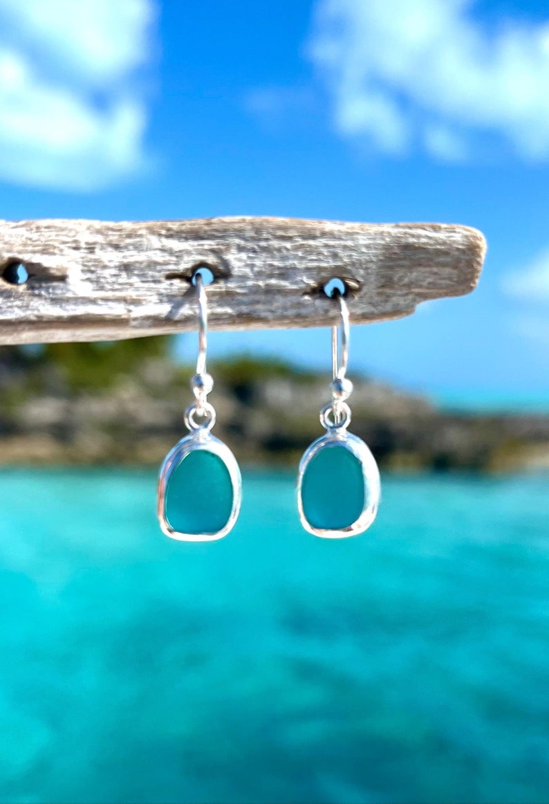 May include: A pair of teal-colored earrings with a silver-colored border, hanging from a piece of driftwood. The earrings have a smooth, oval shape. The background features a bright blue sky and turquoise water.