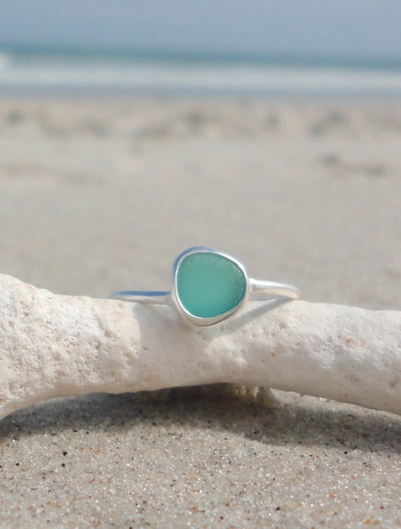 Teal Sea Glass Ring, Thin Sterling Silver Minimalist Beach Ring, Sea Glass Jewelry, Mermaid Ocean Ring, Beach Jewelry, Beach Birthday Gift