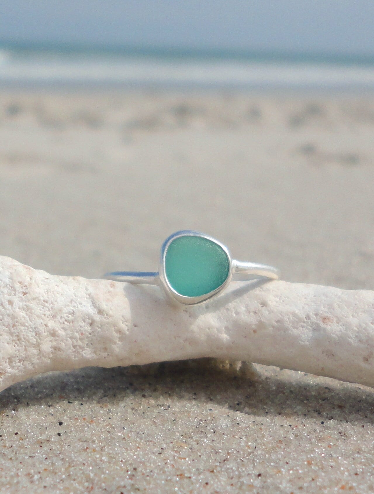 Teal Sea Glass Ring, Thin Sterling Silver Minimalist Beach Ring, Sea Glass Jewelry, Mermaid Ocean Ring, Beach Jewelry, Beach Birthday Gift
