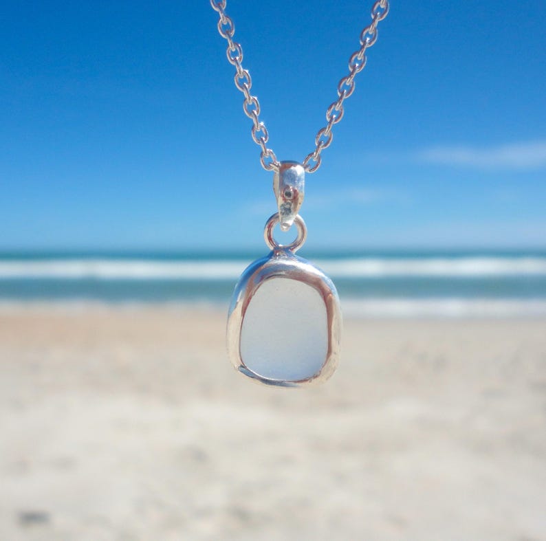 Sea Glass Pendant Necklace Sterling Silver Sea Glass Jewelry Mermaid Tear Ocean Necklace Mermaid Jewelry Birthday Gift Vacation Jewelry Gift White