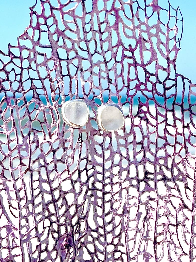 Stud Earrings Sea Glass Earrings Sterling Silver Beach Glass Earring Mermaid Tears Jewelry Ocean Earring Sea Glass Jewelry Gift for Wife Off- White