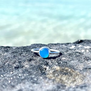 Teal Sea Glass Ring, Thin Sterling Silver Minimalist Beach Ring, Sea Glass Jewelry, Mermaid Ocean Ring, Beach Jewelry, Beach Birthday Gift image 7