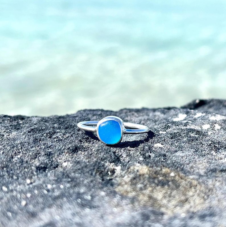 Teal Sea Glass Ring, Thin Sterling Silver Minimalist Beach Ring, Sea Glass Jewelry, Mermaid Ocean Ring, Beach Jewelry, Beach Birthday Gift image 7