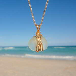 Gold Wire Wrapped Sea Glass Nugget Necklace 14K Gold Filled Wire Wrapped  Beach Glass Ocean Necklace for Mermaids Gold Sea Glass Necklace