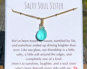 Gold Sea Glass Soul Sister Necklace, Sea Glass Friendship Gift, Waterproof Necklace, Best Friend Gift, Beach Lover Necklace, Holiday Gift