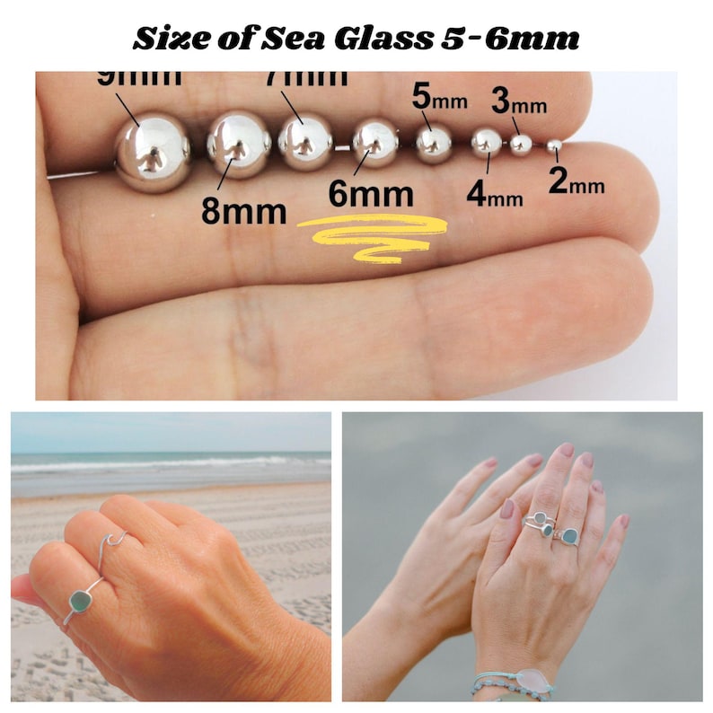 May include: A close-up of a hand holding various sizes of sea glass beads, ranging from 2mm to 8mm. The beads are smooth and have a natural, frosted appearance. The image also shows two hands wearing rings made with sea glass.