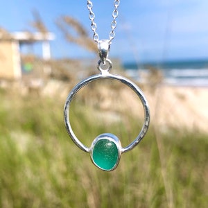 Sea Glass Necklace, Teal Green Sterling Silver Bezeled Circle Pendant, Beach Glass Jewelry, Ocean Necklace, Sea Glass Jewelry Gift, Mermaids