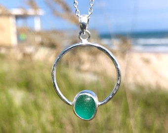 Sea Glass Necklace, Teal Green Sterling Silver Bezeled Circle Pendant, Beach Glass Jewelry, Ocean Necklace, Sea Glass Jewelry Gift, Mermaids