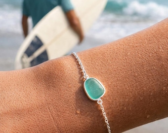 Pulseira de vidro marinho verde-azulado ajustável em prata esterlina, joias de vidro marinho para mulheres, presente de aniversário, presente de casamento na praia