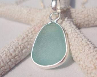 Sea Foam Green (Coke Bottle) Silver Bezeled Sea Glass Necklace-Sterling Silver Wire Wrapped around Beach Glass-Ocean Necklace for Mermaids