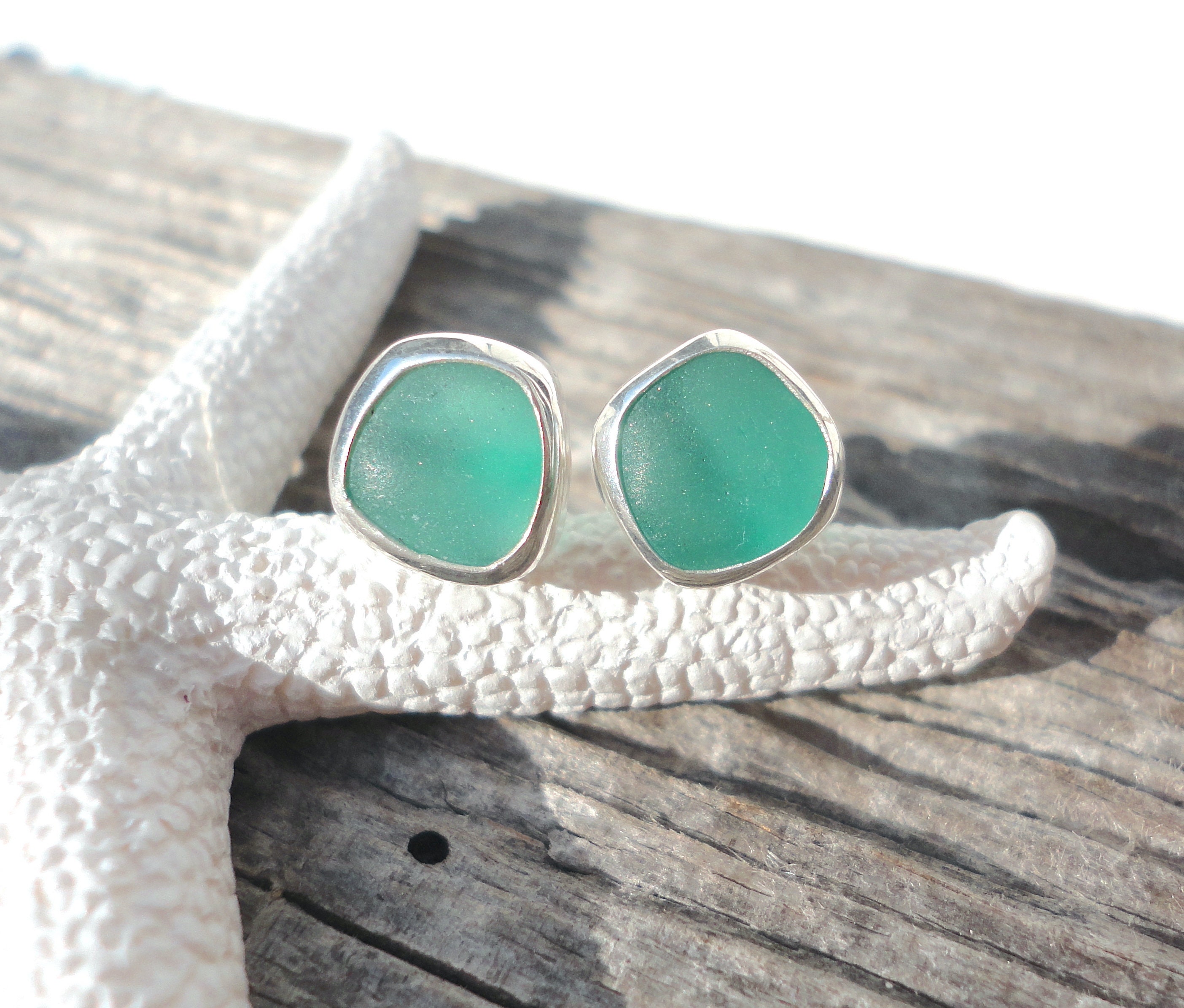 Teal Green Sea Glass Stud Earrings May Birthstone Jewelry Sterling Silver Bezel Beach Glass Earrings Sea Glass Jewelry Birthday Gift