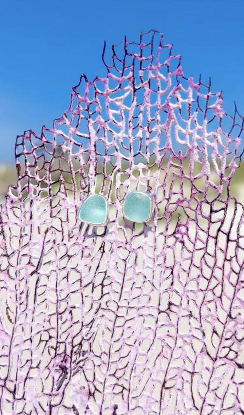 Sea Foam Sea Glass Stud Earrings, Bezel Stud Beach Glass Earrings, Mermaid Earrings, Ocean Earrings, Sea Glass Gifts, Sea Glass Jewelry Gift image 3