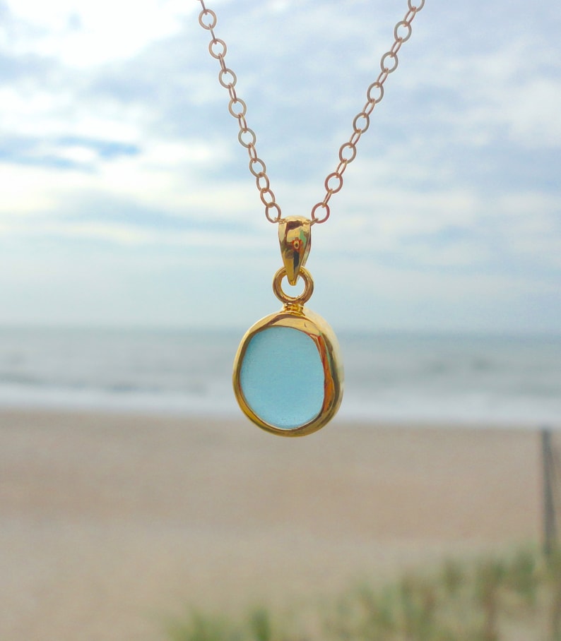Petite Gold Sea Glass Pendant Necklace 24k Gold Plated Teal Green Beach Glass Jewelry Ocean Jewelry Birthday Gift Beach Wedding Jewelry image 9